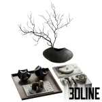 High-resolution 3D model set of organic abstract sculptures, vases, books, and pampas grass for modern shelf and console styling