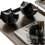 High-resolution 3D model set of organic abstract sculptures, vases, books, and pampas grass for modern shelf and console styling