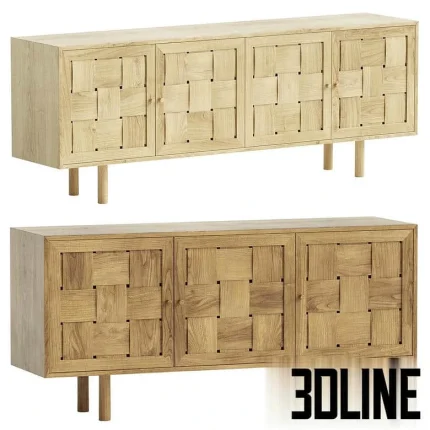 High-quality 3D model of Otto woven wooden sideboard with cabinet doors and round legs in light oak finish
