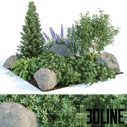 High-resolution 3D model set of outdoor garden plants, bushes, pine tree, and large rocks for realistic landscape visualization
