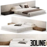 High-quality 3D model of PALISSANDRE modern double bed with full-width fabric headboard and integrated wooden bedside tables