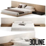 High-quality 3D model of PALISSANDRE modern double bed with full-width fabric headboard and integrated wooden bedside tables