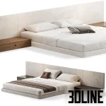 High-quality 3D model of PALISSANDRE modern double bed with full-width fabric headboard and integrated wooden bedside tables