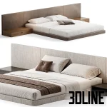 High-quality 3D model of PALISSANDRE modern double bed with full-width fabric headboard and integrated wooden bedside tables