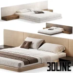 High-quality 3D model of PALISSANDRE modern double bed with full-width fabric headboard and integrated wooden bedside tables