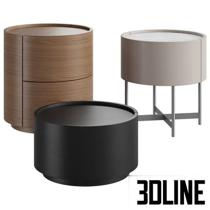 High-quality 3D model set of Pianca Dedalo round bedside tables in wood, lacquer, and metal finishes