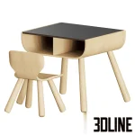 High-quality 3D model of Plan Toys black table and chair set with curved wood edges and integrated storage for children's room