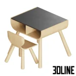 High-quality 3D model of Plan Toys black table and chair set with curved wood edges and integrated storage for children's room