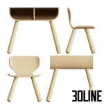 High-quality 3D model of Plan Toys black table and chair set with curved wood edges and integrated storage for children's room