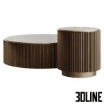 High-end 3D model set of Plum fluted wood coffee tables with marble tops and cylindrical bases by Ana Roque