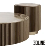 High-end 3D model set of Plum fluted wood coffee tables with marble tops and cylindrical bases by Ana Roque