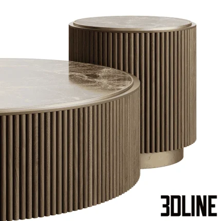High-end 3D model set of Plum fluted wood coffee tables with marble tops and cylindrical bases by Ana Roque