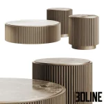 High-end 3D model set of Plum fluted wood coffee tables with marble tops and cylindrical bases by Ana Roque