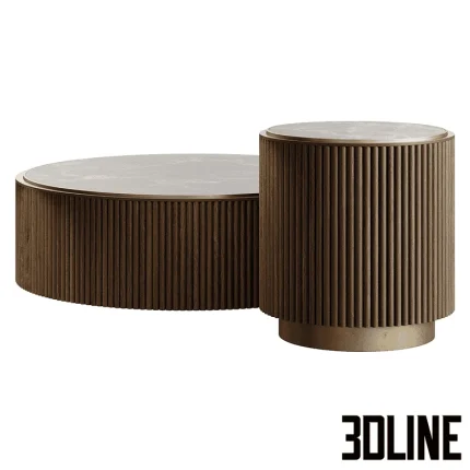 High-end 3D model set of Plum fluted wood coffee tables with marble tops and cylindrical bases by Ana Roque