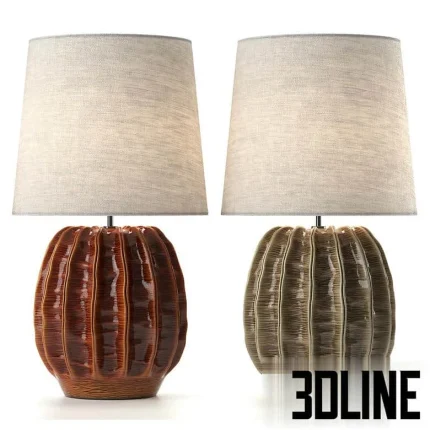High-quality 3D model set of Porta Romana Finley ceramic lamps with deep fluted base texture and linen fabric shades