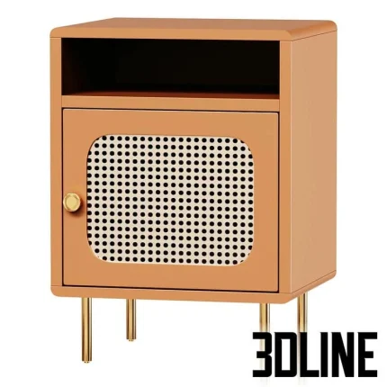 High-quality 3D model of Redpop rattan bedside table with cane webbing door panel and gold metal tapered legs