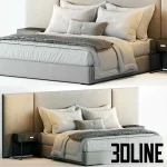 High-quality 3D model of RH Modena extended bed with minimalist headboard, fabric upholstery, and dark nightstands