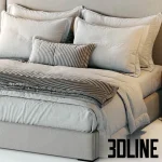 High-quality 3D model of RH Modena extended bed with minimalist headboard, fabric upholstery, and dark nightstands