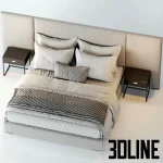 High-quality 3D model of RH Modena extended bed with minimalist headboard, fabric upholstery, and dark nightstands