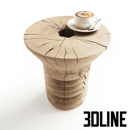 High-resolution 3D model of Riva 1920 wooden coffee table/stool made from a natural log with cracks and rough carved texture