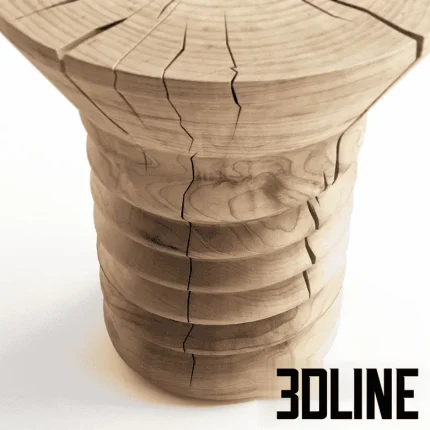 High-resolution 3D model of Riva 1920 wooden coffee table/stool made from a natural log with cracks and rough carved texture