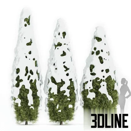 High-resolution 3D model set of Rocky Mountain Juniper trees covered in winter snow for exterior winter landscape visualization