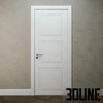 High-resolution 3D model of a white classic interior door (Romagnoli Fly FL3B) with raised rectangular panels and chrome hardware