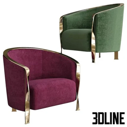 High-end 3D model set of Rugiano Paris velvet tub armchairs with curved gold metal frame in green and burgundy colors