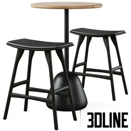 High-quality 3D model set of Saura high bar table and Osso bar stools with wooden tops and black metal/wood base