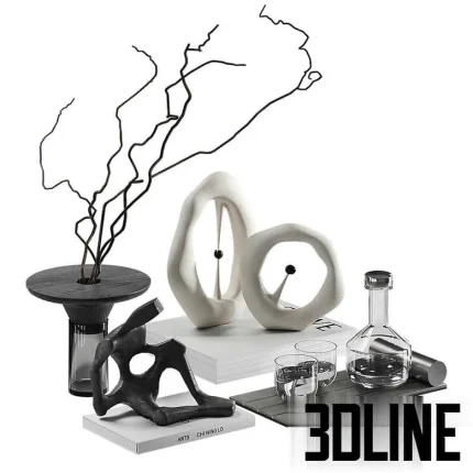 High-resolution 3D model set of abstract sculptural decor with ceramic forms, metal figure, books, and glass vase for modern interior staging