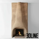 High-resolution 3D model of Shkrub sculptural wall-mounted fireplace with organic clay texture and firewood logs