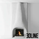 High-resolution 3D model of Shkrub sculptural wall-mounted fireplace with organic clay texture and firewood logs