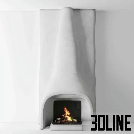 High-resolution 3D model of Shkrub sculptural wall-mounted fireplace with organic clay texture and firewood logs
