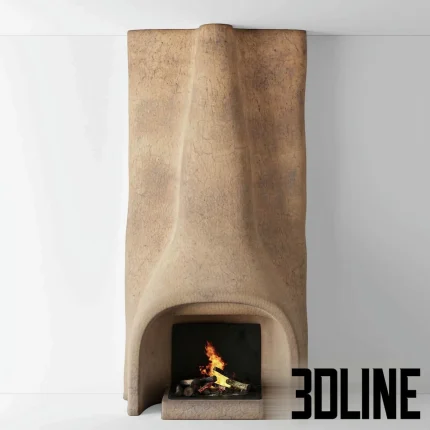 High-resolution 3D model of Shkrub sculptural wall-mounted fireplace with organic clay texture and firewood logs