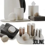 High-resolution 3D model set of SKKN BY KIM bathroom accessories including skincare bottles, trays, and soft towels