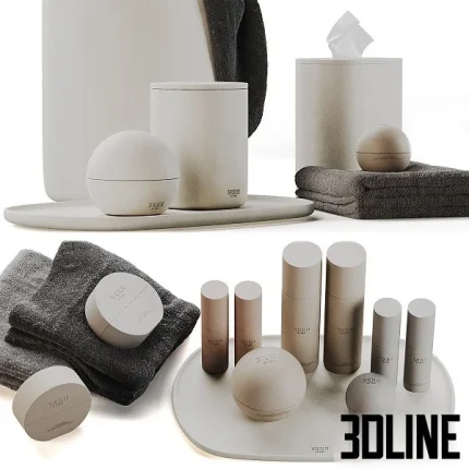 High-resolution 3D model set of SKKN BY KIM bathroom accessories including skincare bottles, trays, and soft towels