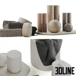 High-resolution 3D model set of SKKN BY KIM bathroom accessories including skincare bottles, trays, and soft towels