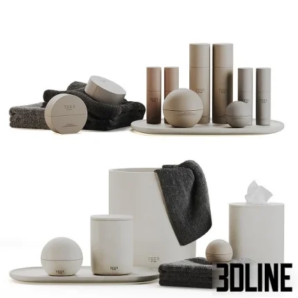 High-resolution 3D model set of SKKN BY KIM bathroom accessories including skincare bottles, trays, and soft towels