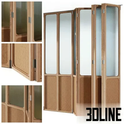 High-resolution 3D model of sliding folding partition walls with wooden frame, fluted glass, and rattan/woven mesh panels