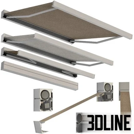 High-resolution 3D model of a sliding outdoor awning/sun canopy with durable fabric and metal frame in multiple color options