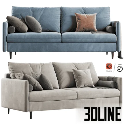 High-quality 3D model of Slipson low profile sofa with plush velvet cushions and subtle wooden legs in multiple colors