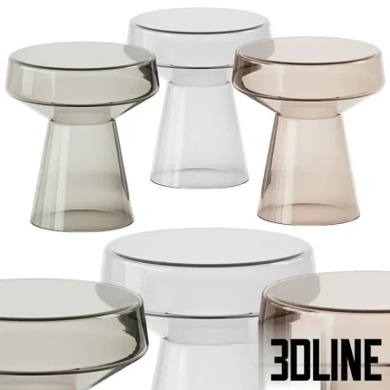 High-resolution 3D model set of three Soba glass side tables with tinted glass and pedestal base design