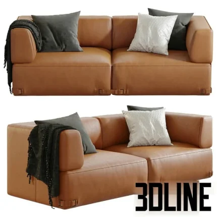 High-quality 3D model of Soho leather sofa with cubic design, thin metal base, and decorative throw blanket