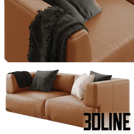 High-quality 3D model of Soho leather sofa with cubic design, thin metal base, and decorative throw blanket