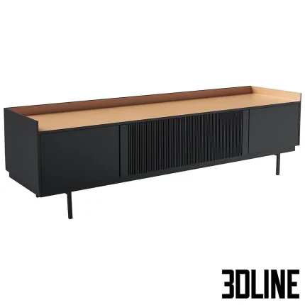 High-resolution 3D model of Stockholm modern TV stand with fluted center panel, black lacquer finish, and minimalist metal legs