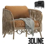 High-quality 3D model of Strata rattan lounge chair with leather cushions and woven rattan shell for luxury coastal interior