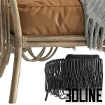 High-quality 3D model of Strata rattan lounge chair with leather cushions and woven rattan shell for luxury coastal interior