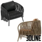 High-quality 3D model of Strata rattan lounge chair with leather cushions and woven rattan shell for luxury coastal interior
