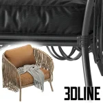 High-quality 3D model of Strata rattan lounge chair with leather cushions and woven rattan shell for luxury coastal interior