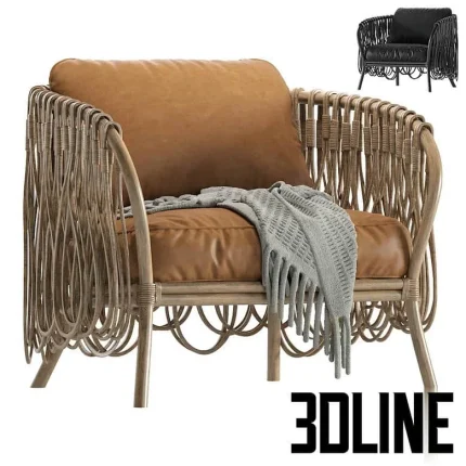 High-quality 3D model of Strata rattan lounge chair with leather cushions and woven rattan shell for luxury coastal interior